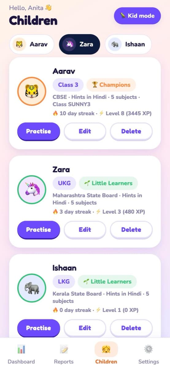 Children list with class and board