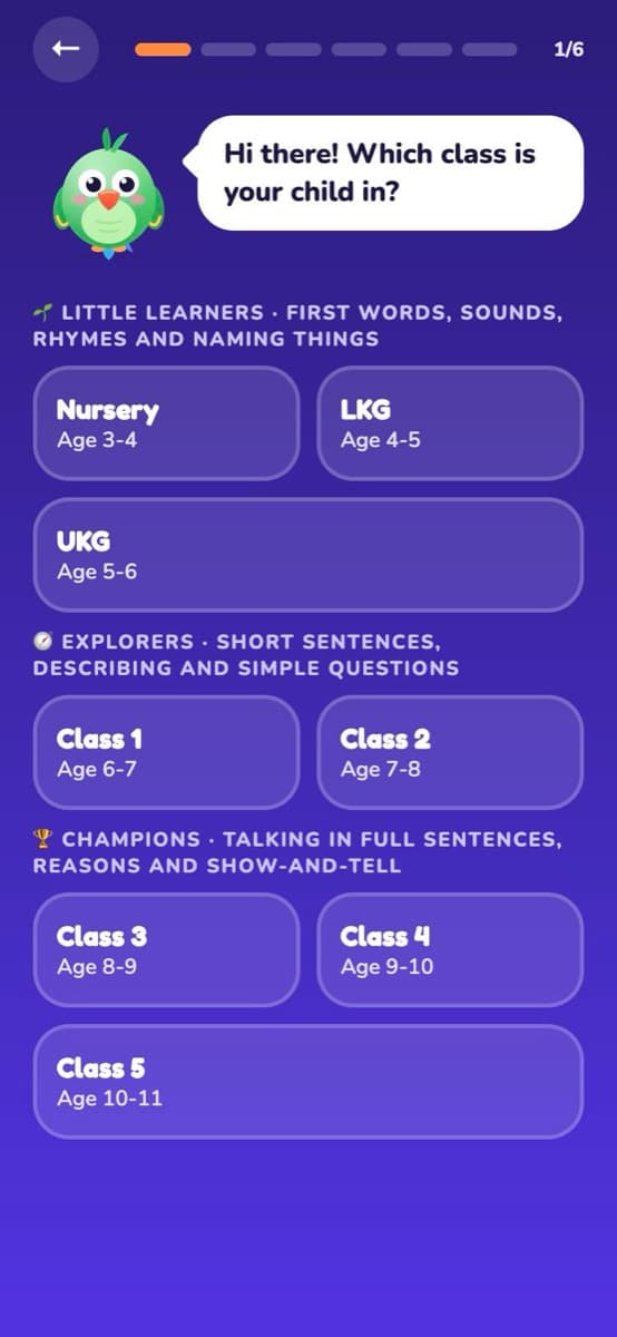 Choosing a class from Nursery to Class 5