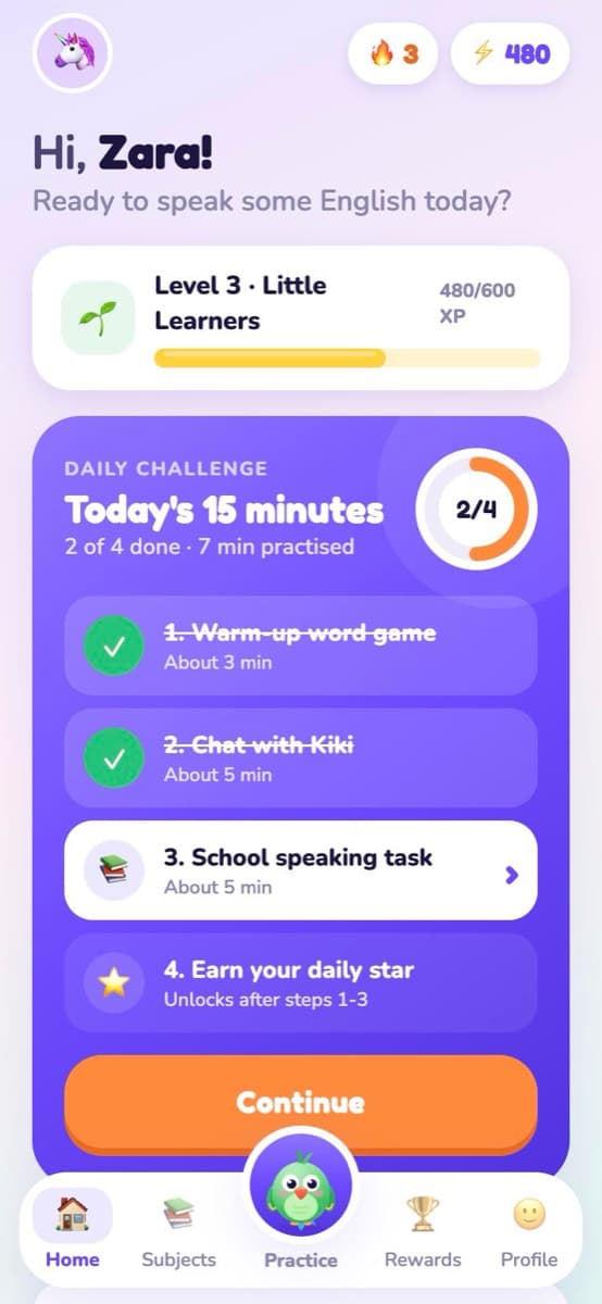BolBolo home screen with today's 15-minute plan