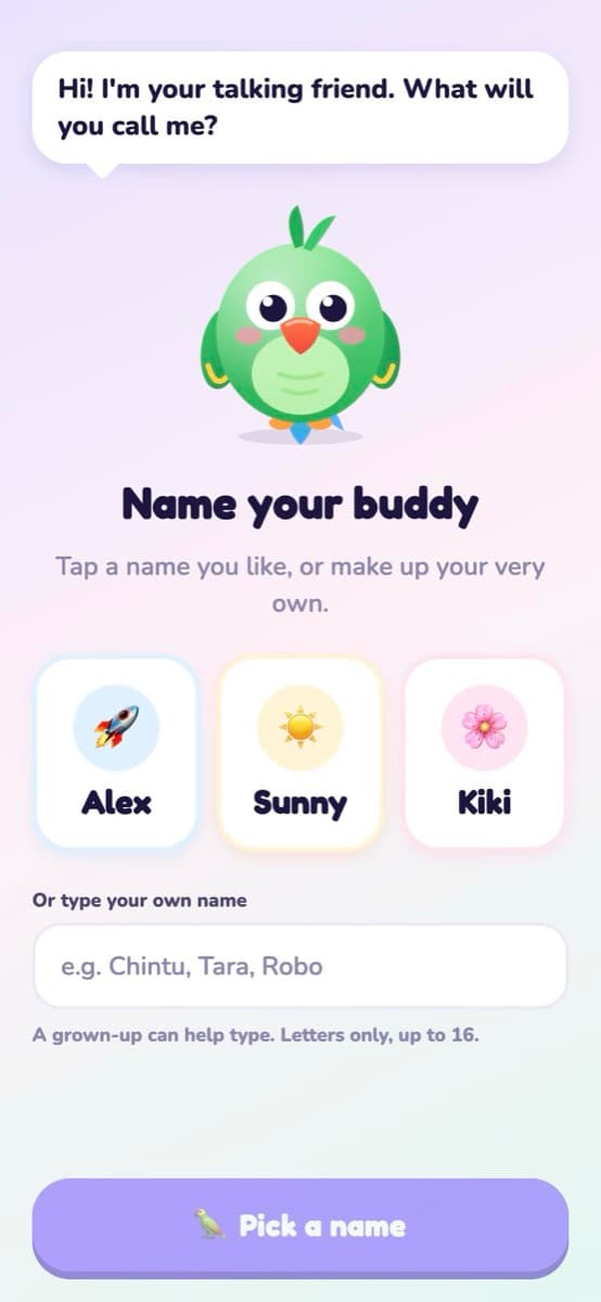 The Name your buddy screen