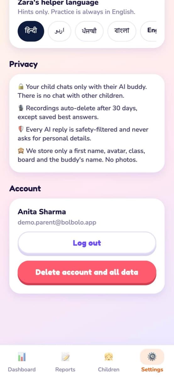Parent settings with privacy information